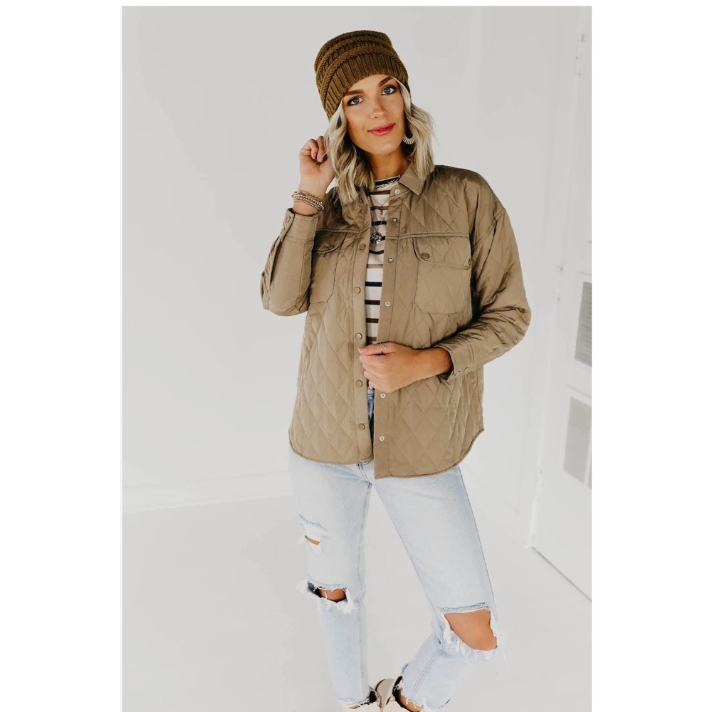 Blu Pepper Quilted Snap Front Jacket Medium Brown Polyester NWT Casual Shacket